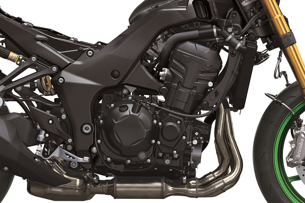 A close-up of the Kawasaki Z1100 SE's frame and engine.