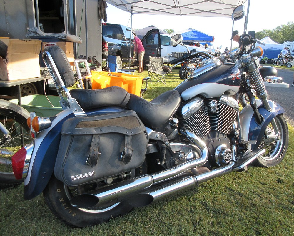 view of large cruiser V-twin motorcycle with saddlebags