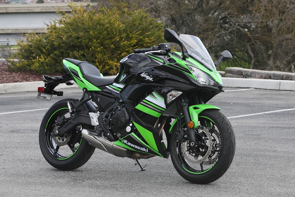 2017 Kawasaki Ninja 650 parked on its kickstand.