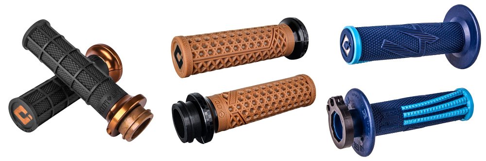 studio photos of three different designs of motorcycle hand grips