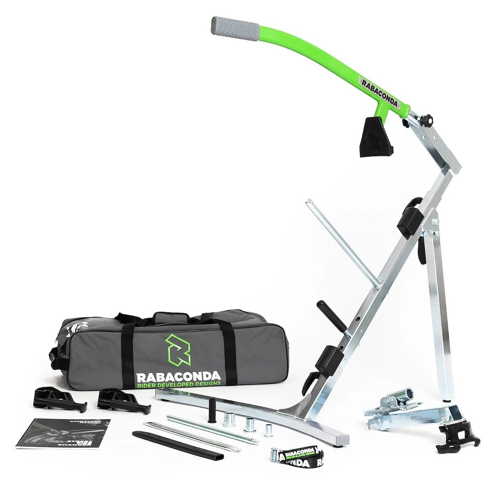 studio photo showing all the parts of the Rabaconda tire changing system