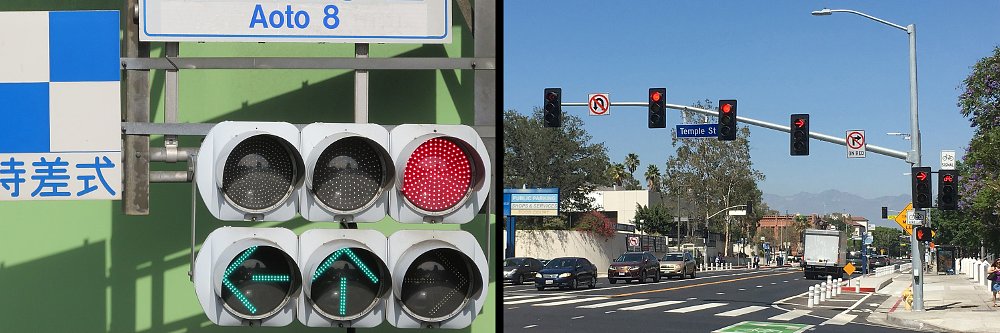 Pictures of traffic signals in Japan and the United States side-by-side.