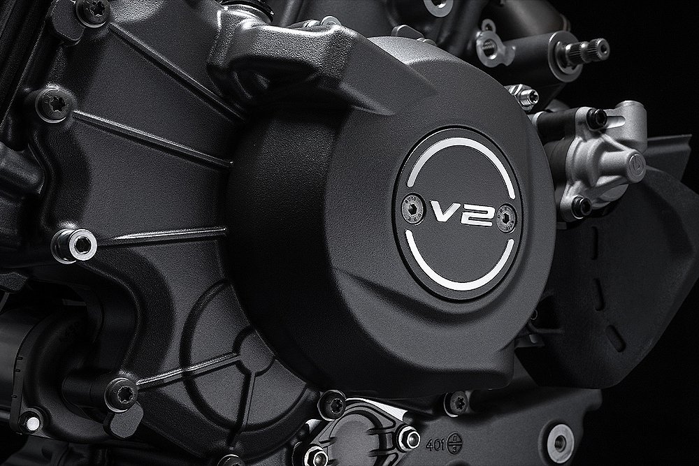 A close-up of the Monster+'s 890 cc 90-degree V2 engine.