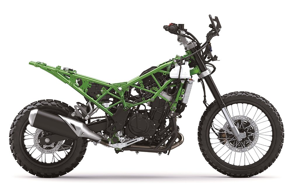 The KLE500 shot against a white background with its bodywork removed.