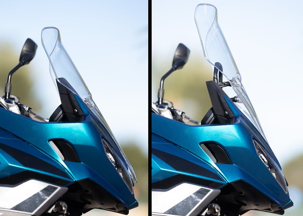 two photos of the windscreen in the lowest and highest positions