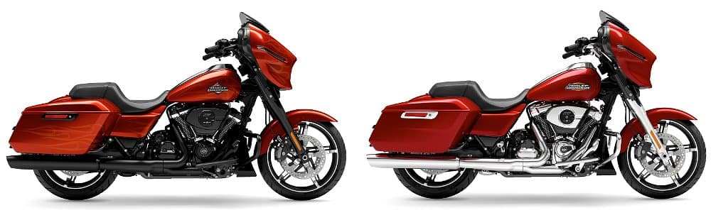 two Harley-Davidson Street Glides in orange, one with black trim and one with chrome trim