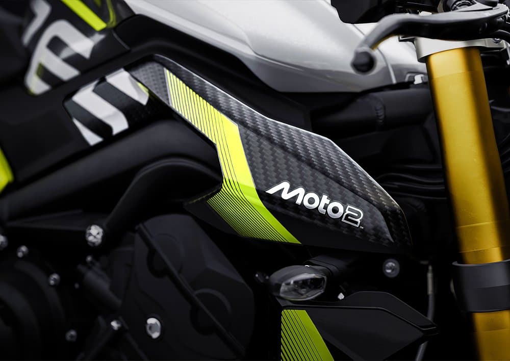 close view of the Moto2 logo on the Street Triple's body work