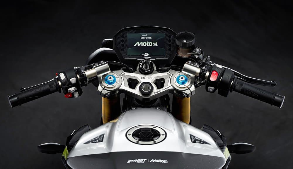 cockpit view of the Street Triple Moto2 showing the 000/1000 numbering on the top triple clamp