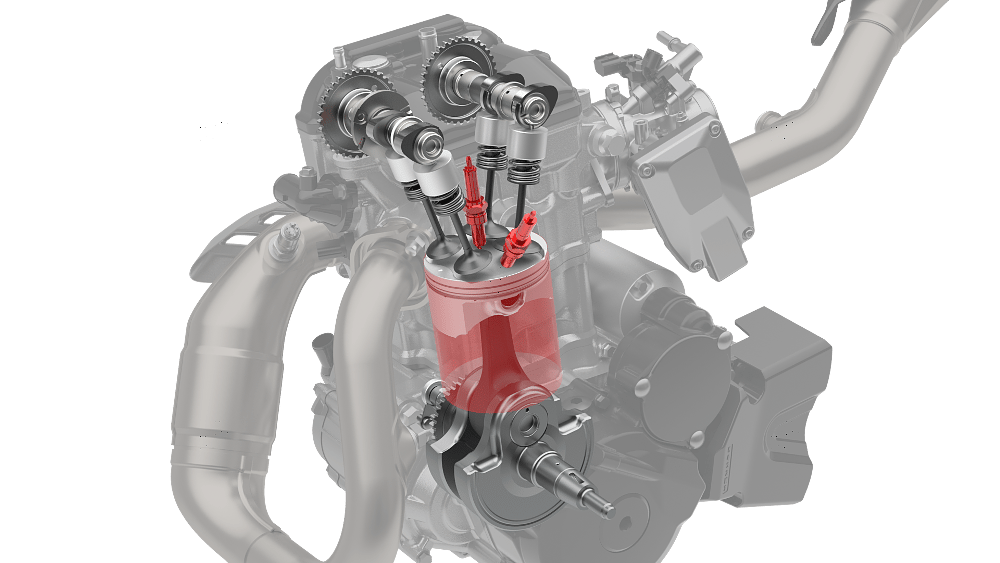 2025 Suzuki DRZ4S engine CAD drawing showing dual spark plugs.
