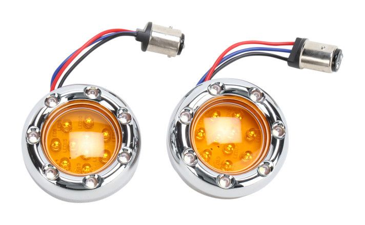 Arlen Ness LED 1157 Fire Ring Deuce Style Turn Signal Trim Rings For Harley Bullet Style Amber Lens / White Ring LEDs