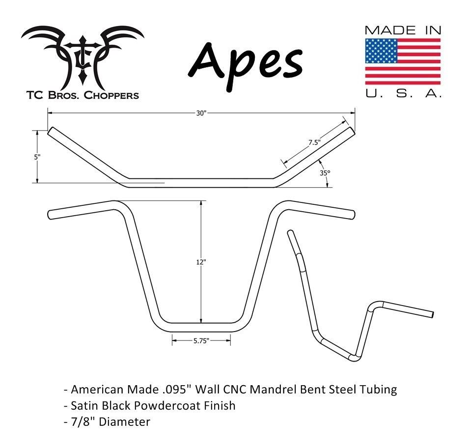 7/8 Ape Hanger Handlebars 12 Black Powdercoated TC Bros Handlebars