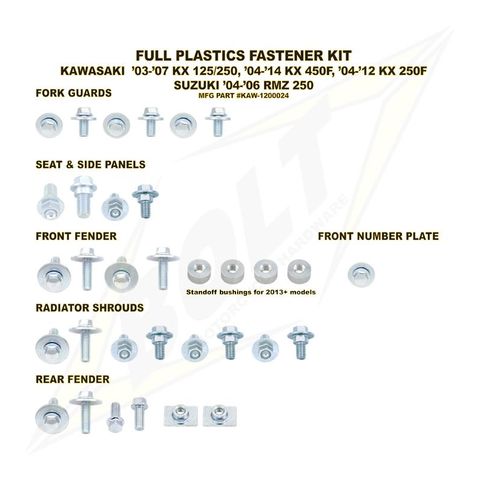 Bolt Hardware Full Plastics Fastener Kit Kawasaki / Suzuki 125cc-450cc 2003-2016