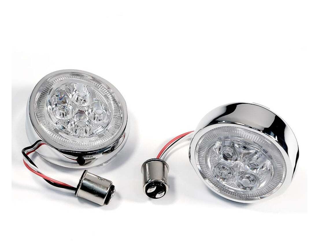 Ciro Fang Rear LED Bullet Turn Signal Inserts With Bezel For Harley 2000-2025 Clear Lens W/ Red LEDs