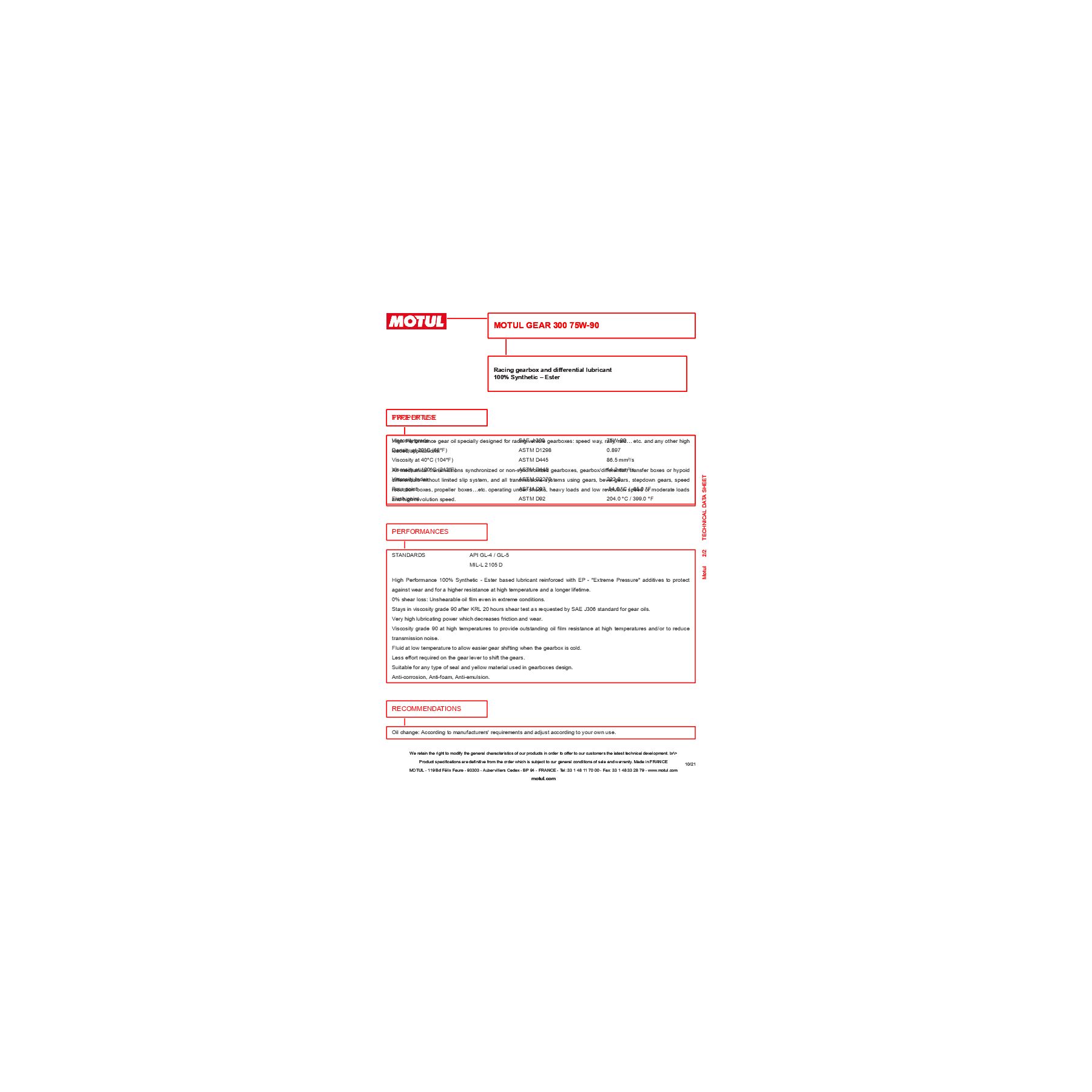 Motul Gear 300 75W90 Synthetic Transmission Oil
