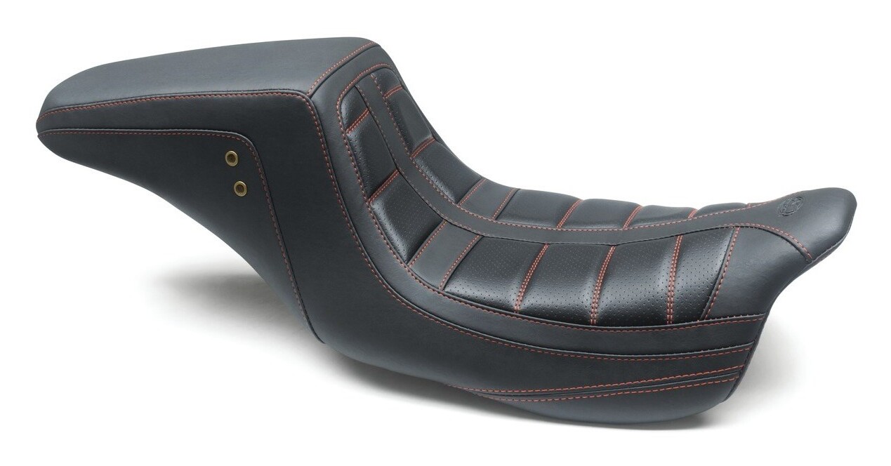 Mustang One-Piece Squareback Tuck & Roll Seat For Harley Touring 2008-2025 Tuck And Roll / Red Stitching