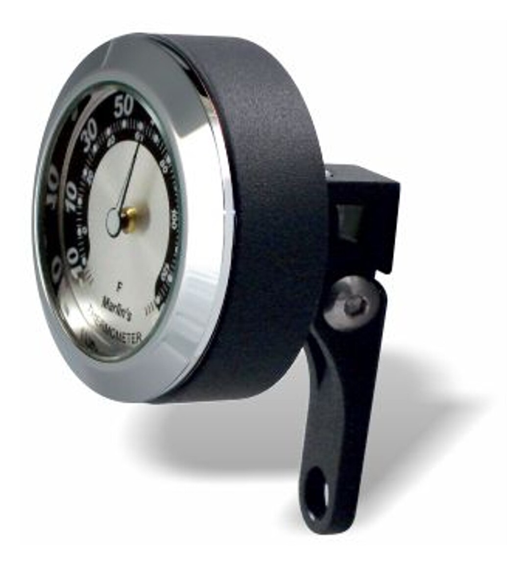 Marlin's Perch Mount Clock / Thermometer For Harley Big Twin / Sportster / V-Rod 1982-2025 Horseshoe Black / Silver Thermometer (Fahrenheit Scale)