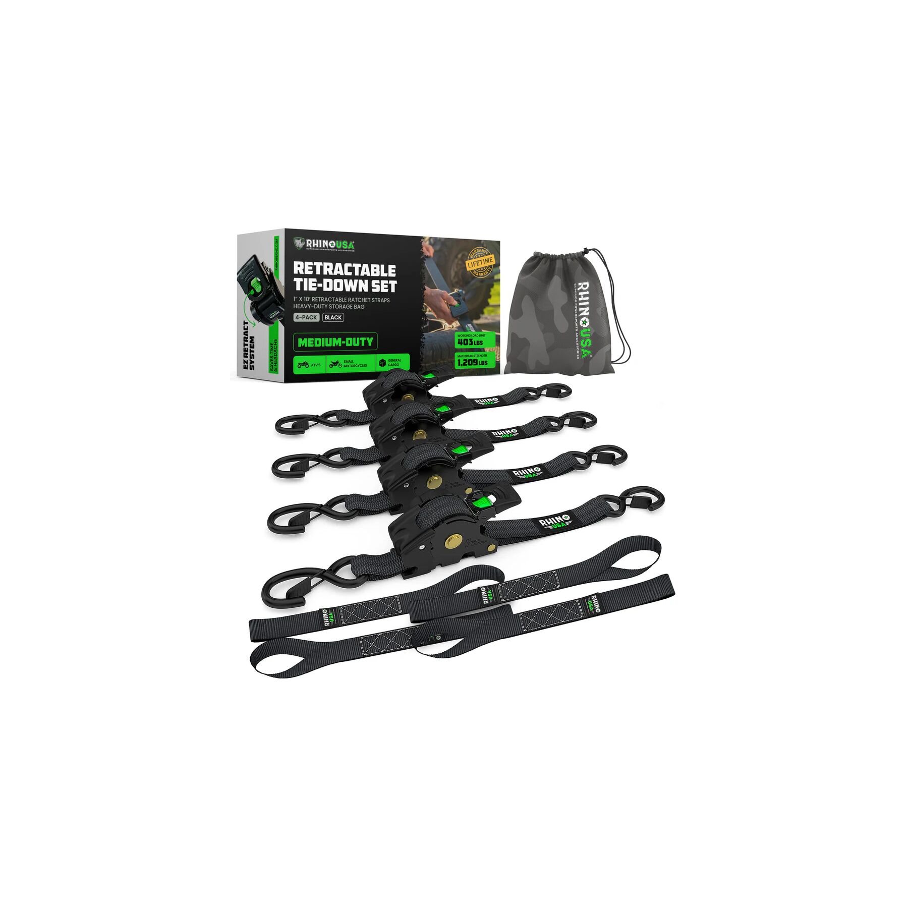 Rhino USA Medium Duty Retractable Ratchet Straps