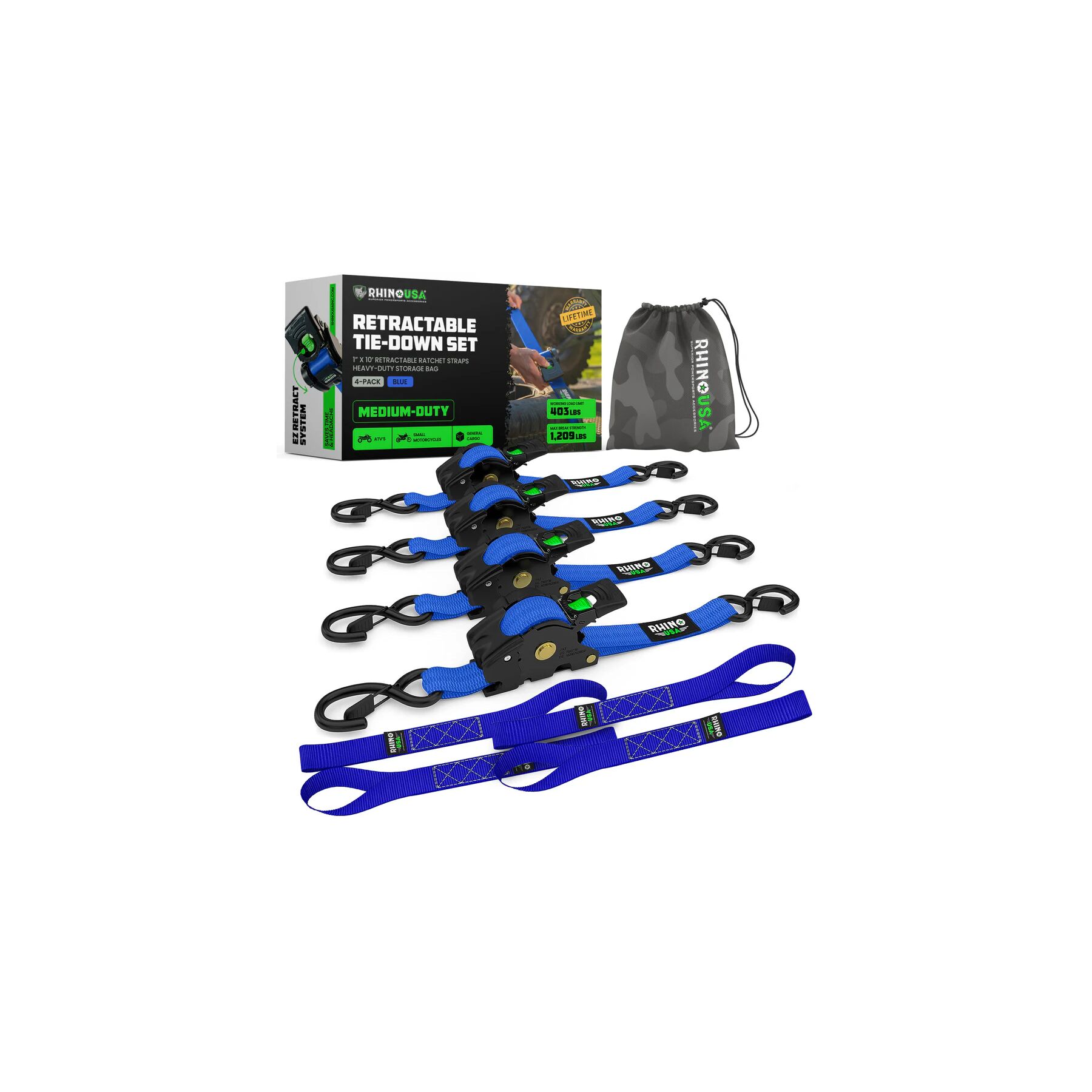 Rhino USA Medium Duty Retractable Ratchet Straps