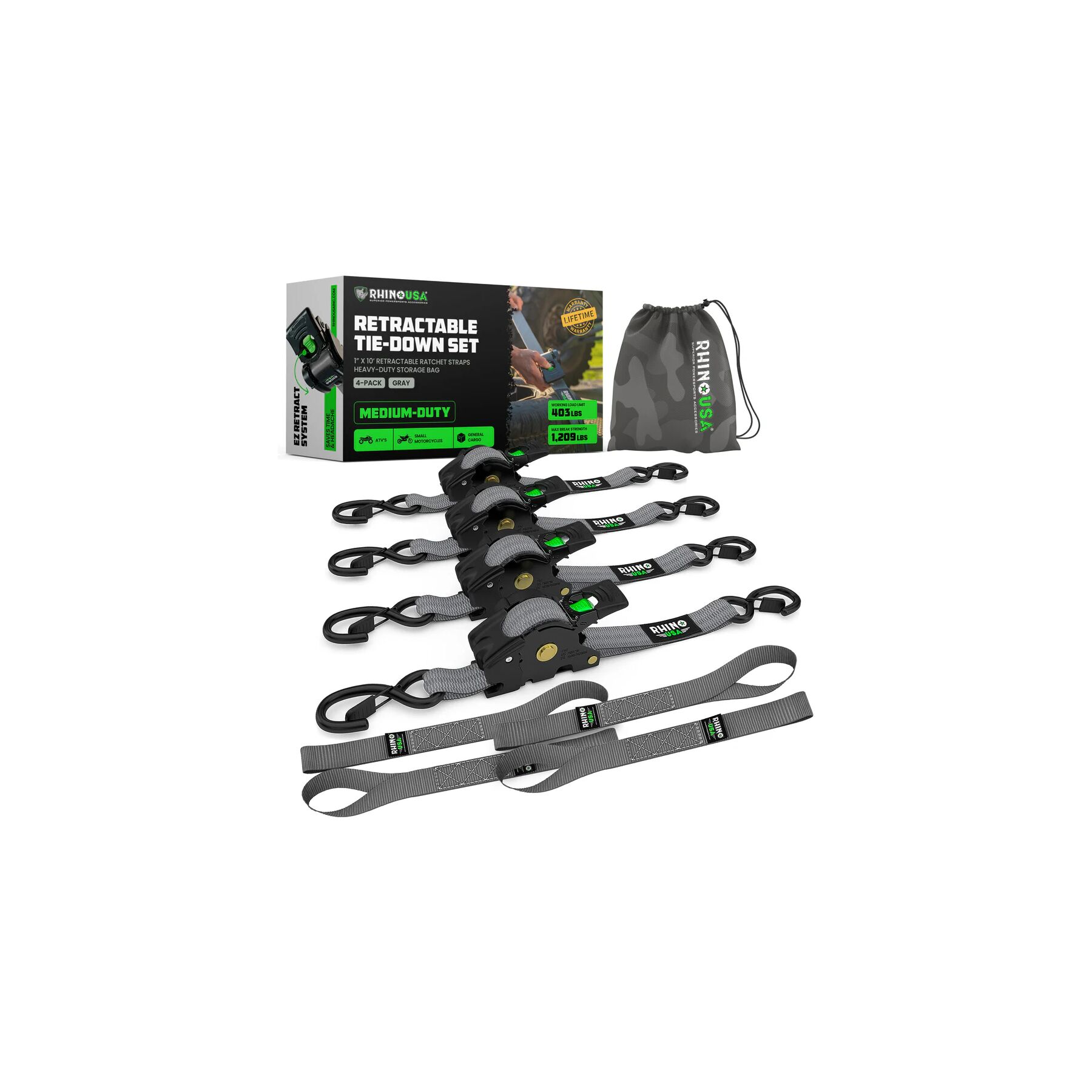 Rhino USA Medium Duty Retractable Ratchet Straps